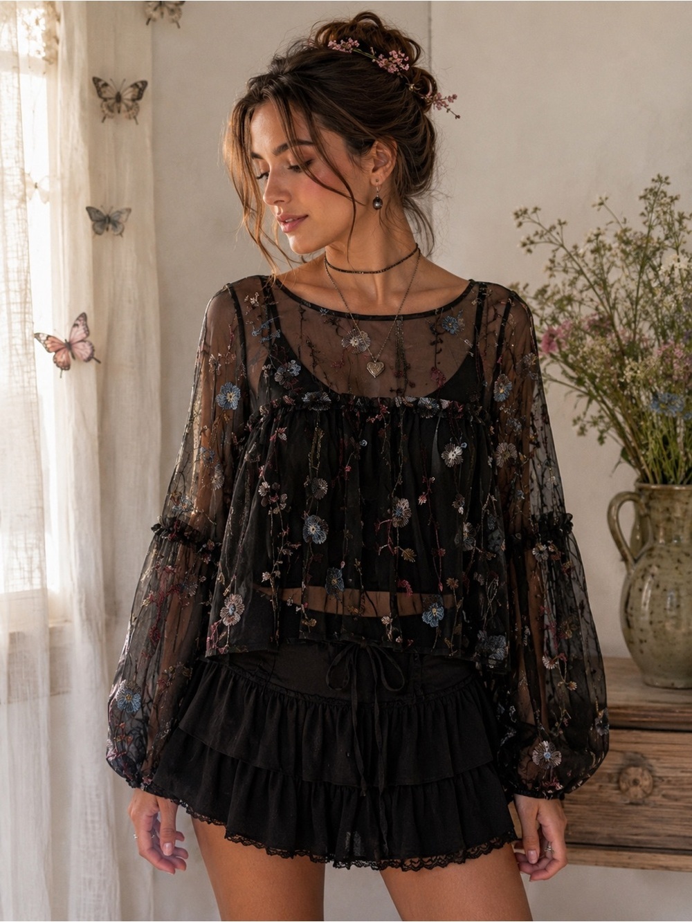 Women’s Embroidered Long Sleeve Mesh Fairy Grunge Top Size L Whimsygoth Festival
